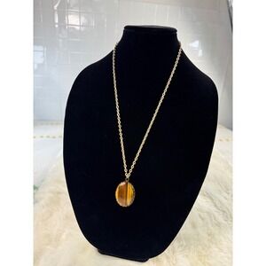 Vintage Tigers Eye Oval Pendant Necklace‎ Gold Tone Chain Boho Statement 24 Inch